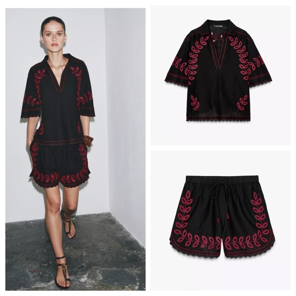 Zara ZW collection Embroidered Top And Shorts Set